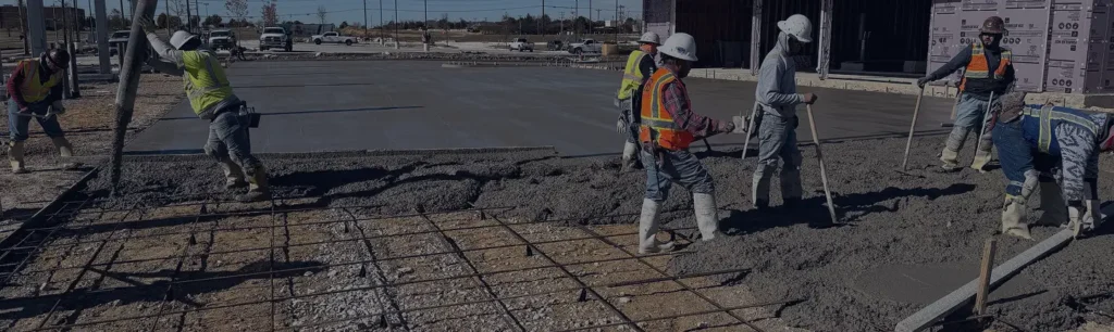 Construction workers pouring concrete slab